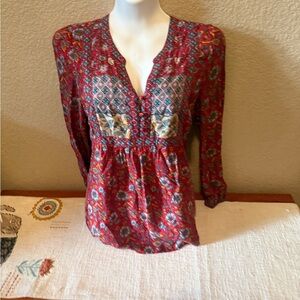 EUC Lucky Brand Long-Sleeved Red, Blue and Pink Floral-Patterned Blouse-Size S